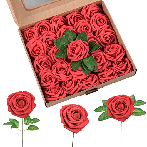 Uzer Artificial Flowers 25 Packs, Fake Flowers Roses For Diy Wedding Bridal Bouquets Centerpieces Bridal Shower Party Home Flower Arrangement Decorations (Red Rose) #TOP23