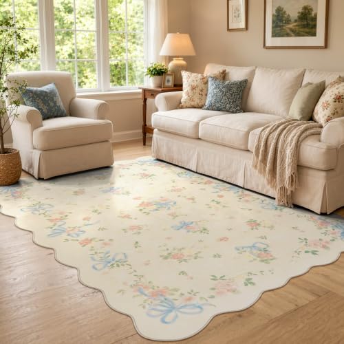 Wonnitar 5x7 Washable Bow Floral Area Rug, Boho Rug for Living Room