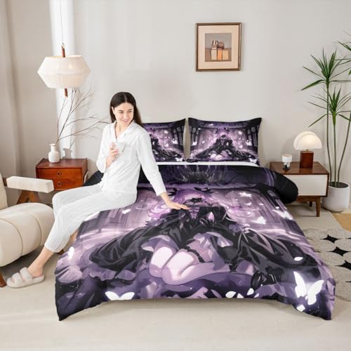 Image of Erosebridal 3D Girly Kids Comforter Set | Japanese Girl Bedding Queen Size Anime Gifts Down Comforter Purple Dreamy Butterfly Print Duvet Set for Bedroom