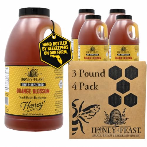 HONEY FEAST Raw Orange Blossom Honey 3 Pounds (Pack of 4), Unfiltered &amp; Pure – Fresh Florida Superfood from American Organic Floral Sources