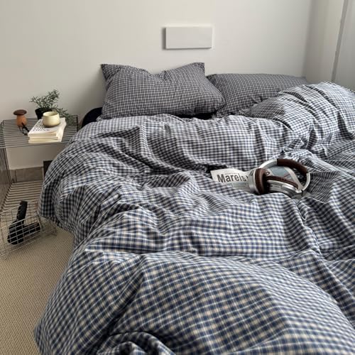 Image of EAVD Vintage Blue Plaid Gingham Duvet Cover King Soft 100% Washed Cotton Reversible Grid Plaid Checkered Gingham Bedding Set with 2 Pillowcases Farmhouse Blue Plaid Duvet Cover with Zipper