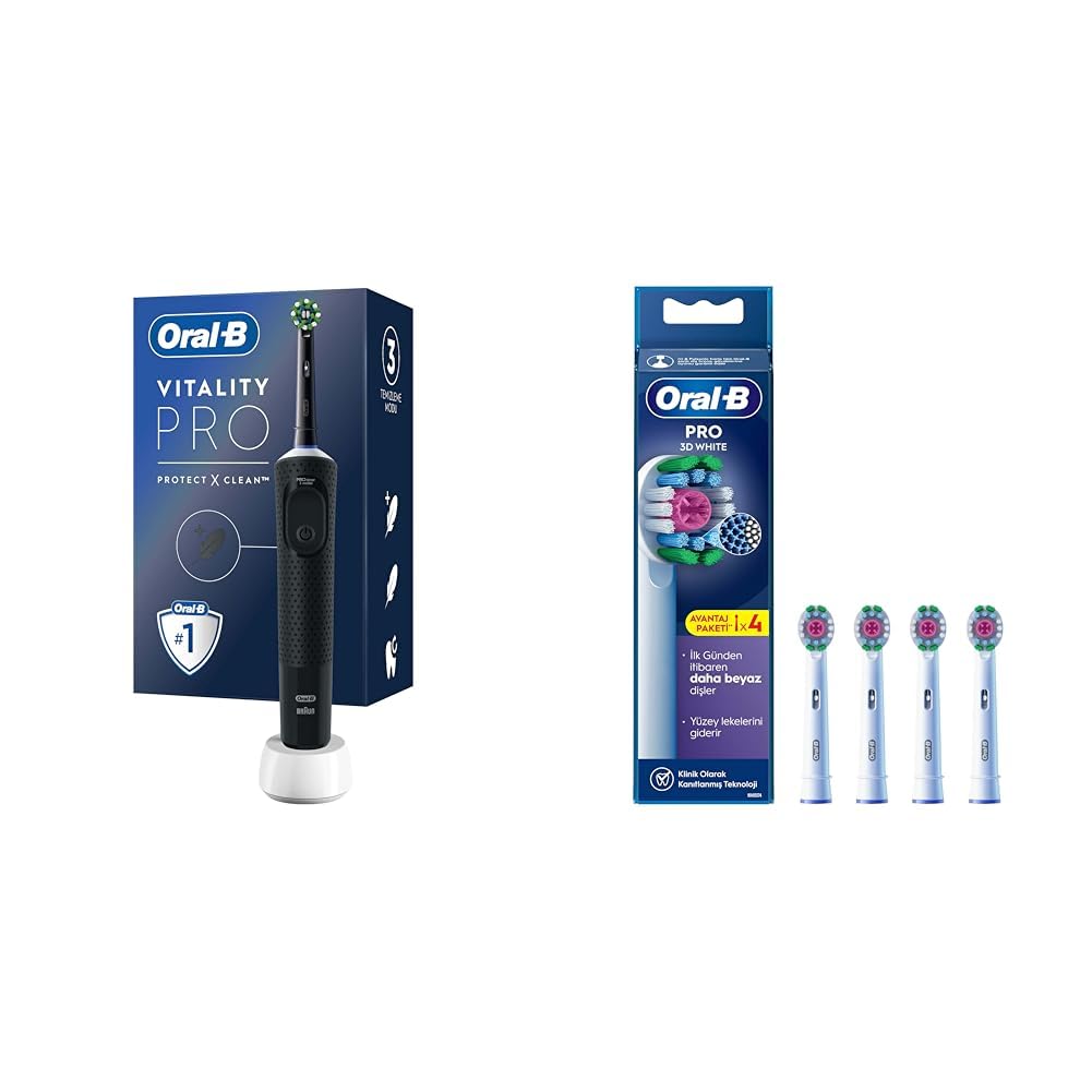 Oral-B Şarjlı/Elektrikli Diş Fırçası Vitality Pro Siyah Koruma ve Temizlik + Oral-B 3D White X-Filament Şarjlı Diş Fırçası Yedek Başlığı 4 Adet