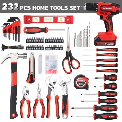 Image of FASTPRO 232-Piece Home Tool Set with Drill, 20V Cordless Drill Driver, Household Repairing Tool Kit with Drill, 12-Inch Wide Mouth Storage Tool Bag Included, Red