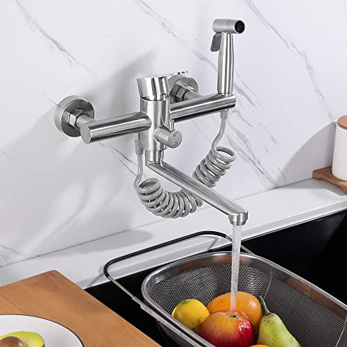 Wall Mount Faucet With Side Sprayer, Stainless Steel Kitchen Sink Faucet, Nickel Brushed Commercial Faucet, 7.7-8.3 Inches Center, Lead-Free, No Drilling Required, Spout Reach 9.2" #TOP3