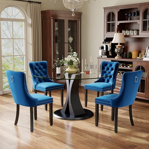 Image of 5-Piece Dining Table Set with 47In Tempered Glass Table and 4 Velvet Upholstered Chairs, Modern Scandinavian Furniture for Dining Room Kitchen(Blue)