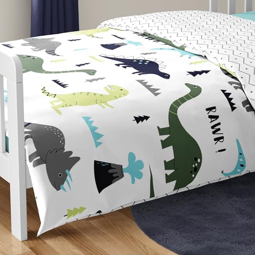 Image of Sweet Jojo Designs Navy Blue and Green Modern Dinosaur Boys or Girls 5 Piece Toddler Bedding Comforter Sheet Set