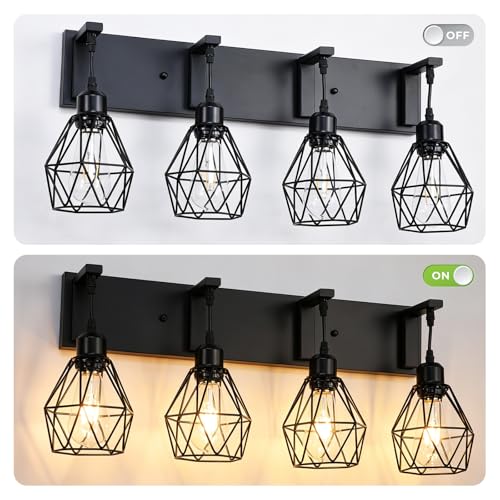 Image of Somniferous 4 Light Bathroom Vanity Light, Farmhouse Bathroom Light Fixtures Over Mirror, Black Vanity Light with Caged Metal Shade, Rustic Wall Light Fixture for Bedroom, Living Room, E26 Socket