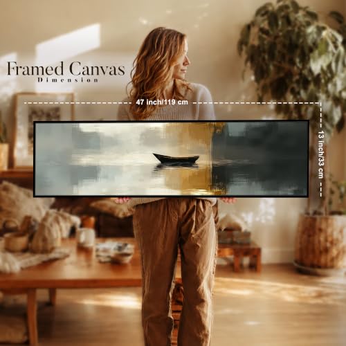Image of Boat In The River Modern Abstract Art Wall Painting for Living Room, Home and Office Wall Decoration - 13x47 Inch