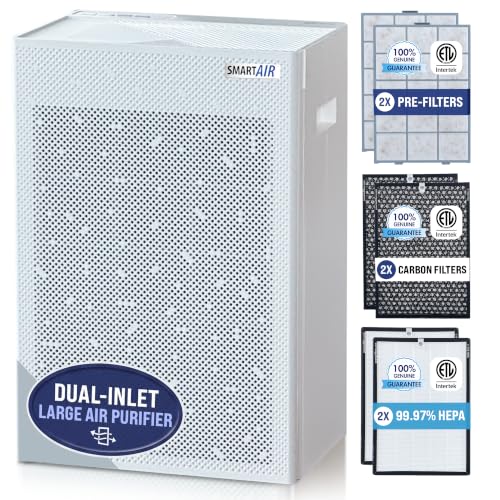 Smart Air SA600 Large HEPA Air Purifier for Pets, Cleans 2400 ft²/hr, For Homes, Offices, Dual Inlet, 2X 99.97% H13 HEPA, 2X Carbon Filters, Washable Pre-Filters for Pet Hair, Allergens,Odors,Gases