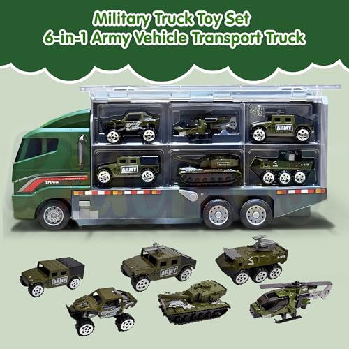 Image of Kidology Military Truck Toy Set 6-in-1 Army Vehicle Transport Truck with Mini Tanks, Helicopter, Combat Cars, and Carrier, Military Toy Vehicles for Boys & Girls, Kids Ages 3+