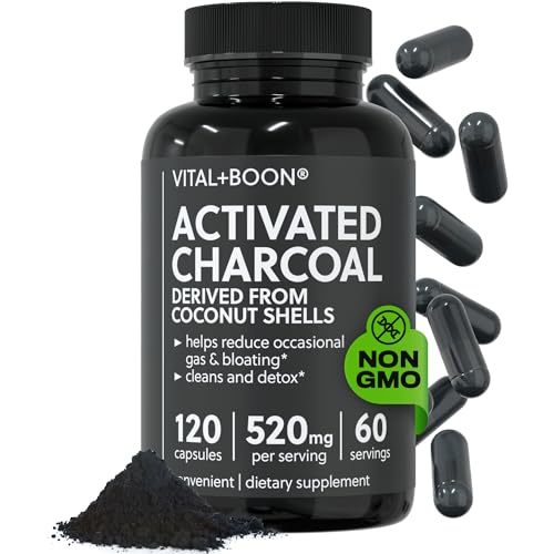 Vital+Boon Activated Charcoal Pills Derived from Coconut Shells Black Charcoal Binder for Stomach Gas & Bloating Relief Gluten Free Vegetarian Active Carbon to Support Detox (120 Capsules)