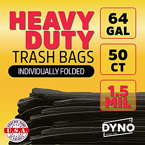 Image of Dyno Products Online 64 Gallon Heavy Duty Trash Bags, 50 Count, 1.5 Mil Black - Individually Folded, Industrial Strength, Made in USA