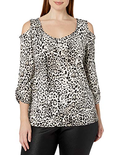 Star Vixen Women's Plus Size Cold Shoulder Sccop Neck 3/4 Cutout Cinch Sleeve Top, Multi, 2X