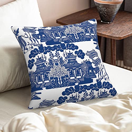 Throw Pillow Covers Blue Willow Chinoiserie Porcelain Inspiration Decorative Square Pillowcase 18 X 18 Inch With Hidden Zipper Customized Linen Cushion Cases For Couch Bed Sofa Bedroom Car Decor #TOP5