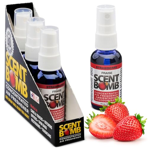Image of Scent Bomb Air Freshener Spray, Long-Lasting Odor Eliminator - Effective Deodorizer for Home & Car, Fresh Room Spray for Kitchen, Bathroom & Smell Neutralizer - 1 oz Pack of 4, Strawberry Scent