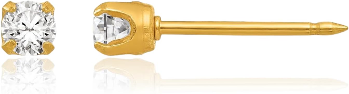 IceCarats 14K Solid Yellow Gold Crystal Small Stud Earrings 3mm Round Cut, Simulated, Prong Set, Friction Back For Her