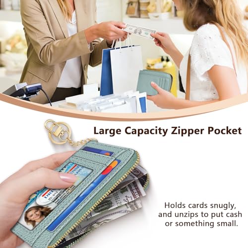Image of GIANCOMICS Slim Wallet Credit Card Holder Women, Light Green Rfid Blocking Small Card Case, Keychain Thin Pocket Curved Zipper Wallet, Travel Card Holder PU Leather ID Window, Ladies Female Gifts