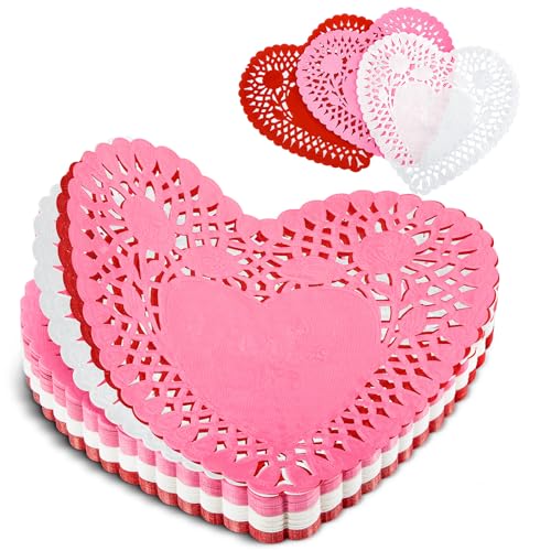Newwiee 300 Pcs 8 Inch Heart Shaped Doilies Lace trimmed Heart Paper Doilies Disposable Heart Doilies for Birthday Valentine Wedding Cakes Desserts Tableware Food Decoration (White,Red,Pink)