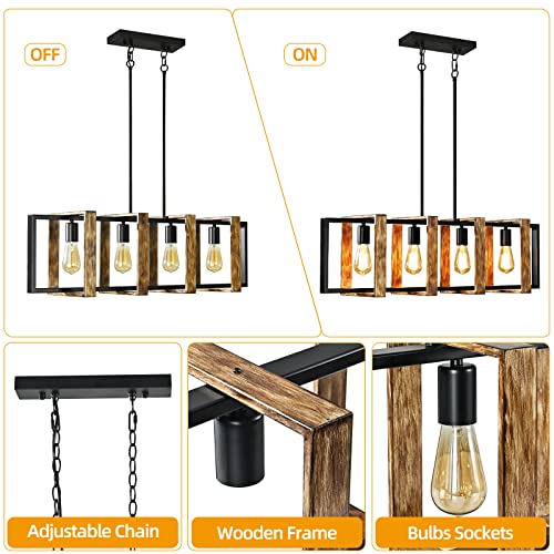 Tyhogar Kitchen Island Lighting, 35.4 Inch Wood Dining Room Light Fixture Farmhouse Chandelier 4-Lights Modern Pendant Lighting Decor Rustic Ceiling Hanging Lights Height Adjustable Ceiling Lamps #TOP3
