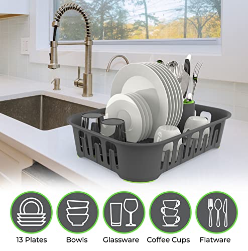 Mueller Dish Drying Rack, Dish Rack With Utensil Holder, Utensil Rack, Dish Drainer For Kitchen Countertop, Sink, European Made, 15" X 11" X 4", Gray/Green #TOP3