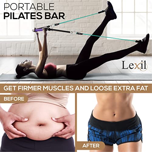 LEXIL Draagbare Pilates Bar Oefenkit - Stapelbaar 3 paar weerstandsbanden (15, 20, 30 lbs) - Home Gym Apparatuur voor Mannen en Vrouwen, Workout Kit voor Body Toning, met Fitness Video (Paars). - Afbeelding 4