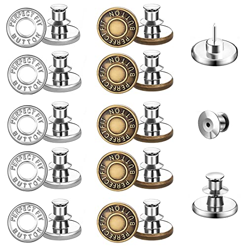 10 Stück Jeans Knöpfe Ohne Nähen, 17mm Button Pins Jeans, Hosenknöpfe Zum Stecken, Hosen Ersatz Knöpfe, DIY Jeansknopf(Silber & Bronze) Cover