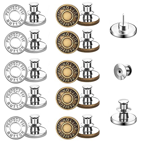 10 Stück Jeans Knöpfe Ohne Nähen, 17mm Button Pins Jeans, Hosenknöpfe Zum Stecken, Hosen Ersatz Knöpfe, DIY Jeansknopf(Silber & Bronze)