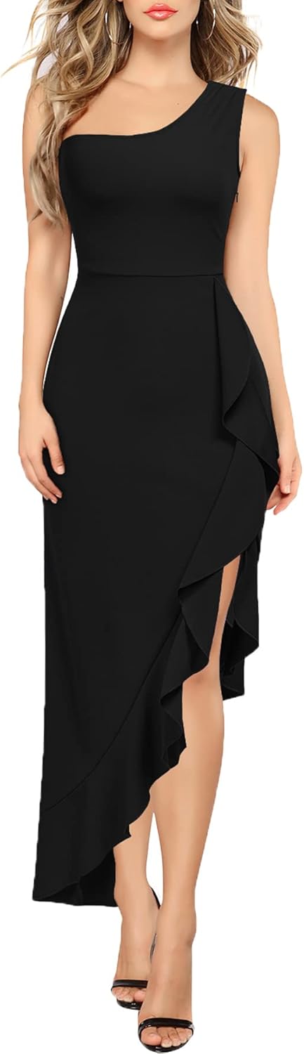 MUSHARE Women's One Shoulder Asymmetrical Sleeveless Bodycon Ruffle Split Evening Cocktail Party Formal Dress