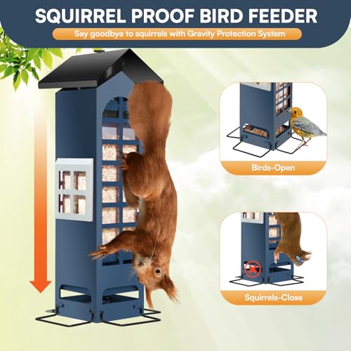 Squirrel Proof Bird Feeder for Outside, Heavy Duty Metal Wild Bird Feeders with Weight Activated Perches, 2LB Large Capacity Mesh Birdfeeder for Garden Yard Decor, Blue