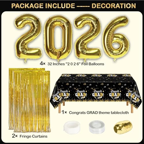 Image of Black and Gold Graduation Decorations Class of 2026 - Graduation Balloon Boxes, Balloon Arch Garland Kit, Fringe Curtains, Party Decorations 2026 for Any Grades