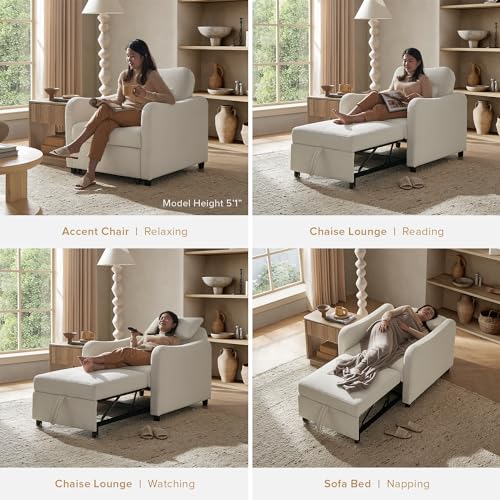 mopio Sophie 4-in-1 Convertible Sleeper Chair Bed, Accent Chair, Chaise Lounge, Comfy Reading Armchair, Pull Out Sofa Bed with Adjustable Backrest for Living Room, Bedroom (Light Gray Fabric)