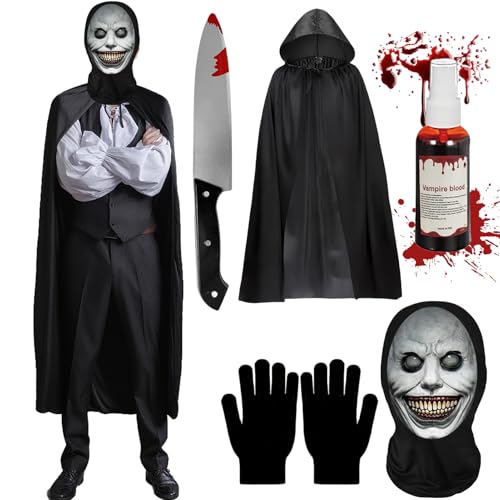 Dongcill Kostüm Halloween,Gruseliges Geistergesicht Scream Cosplay,Horror Ghost Face Costume Erwachsene,Lächelnde Dämonenmaske+ Spielzeugmesser +Schwarzer Umhang, für Halloween Party Cosplay