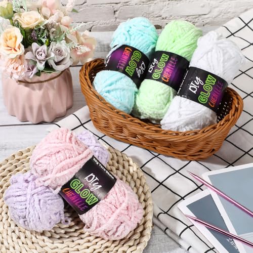 Image of Fanfanwin 5 Rolls Glow in the Dark Yarn Fluffy Chenille Yarn for Crocheting & Knitting Glow Sewing Projects Fun Birthday DIY Gifts for Beginners Women 382 Yd / 350 M Total(Fresh Colors)