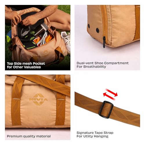 Image of Nivia Blend Gym Duffle Bag for Men & Women with Dedicated Shoe Pocket with Dual Vents, Main Spacious Compartment, Flap Opening & Mesh Zipper Pocket, Signature Tape Strap, Capacity-20 litres (Beige)