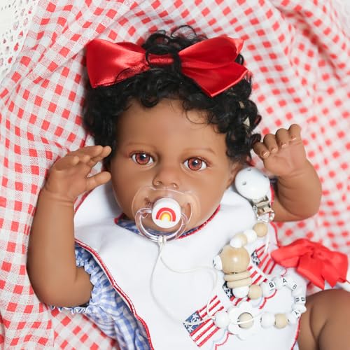 Image of KSBD Lifelike Reborn Baby Doll Black - 18-Inch Realistic African American, Weighted Newborn Real Life Handcrafted Baby with Soft Body, American Flag Outfit and Accessories Gift Set for Kids Age 3+