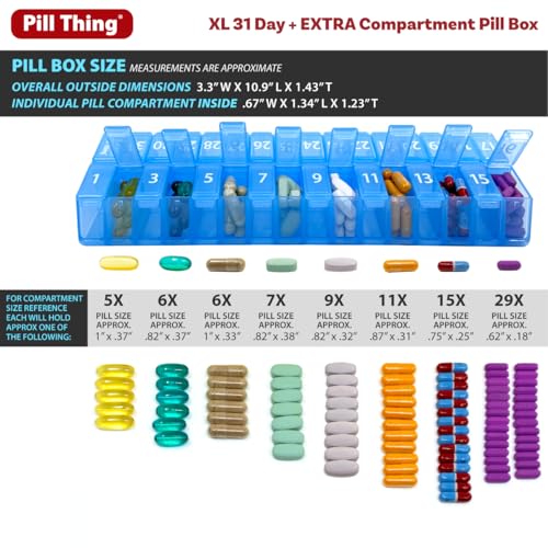 Image of XL Monthly Pill Organizer, Once-a-Day 31-Day Medication Storage Box w /Removable Lid, Extra Compartment for Additional Pills, BPA-Free (XL Blue - 1 Count) (Pack of 2)
