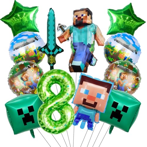 Decorações de aniversário para crianças gamer, conjunto de 12 balões para crianças de 8 anos, incluindo personagens, um , um quadrado, um balão de alumínio e uma espada.