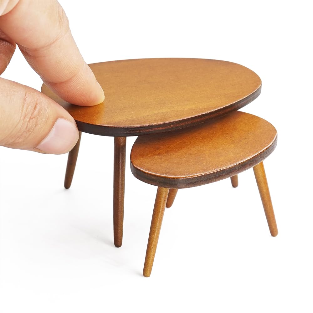 Odoria Dollhouse Coffee Table Miniature: 1/12 Scale Side Table for Modern Living Room - Mini Center End Table Oval - Tiny Brown Wood Furniture 2Pcs