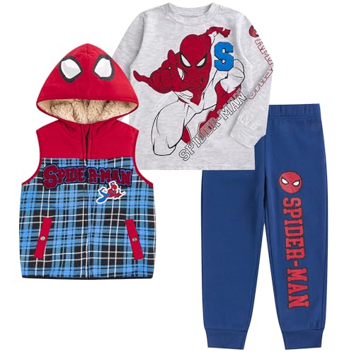 Marvel Spider-Man Boys Sherpa Lined Hooded Vest, Fleece Pants, and Crewneck Top 3 Piece Set for Infant to Toddlers
