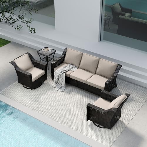Image of 4 Piece Patio Furniture Set, Wicker Outdoor Conversation Set | Patio Chair Set with Olefin Removable Cushion, All-Weather Outdoor Couch with Deep Seat for Porch, Deck and Backyard, Beige