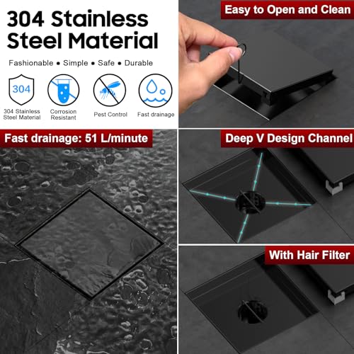 Image of DLONE Shower Drain | 6 Inch Matte Black with Tile Insert Panel