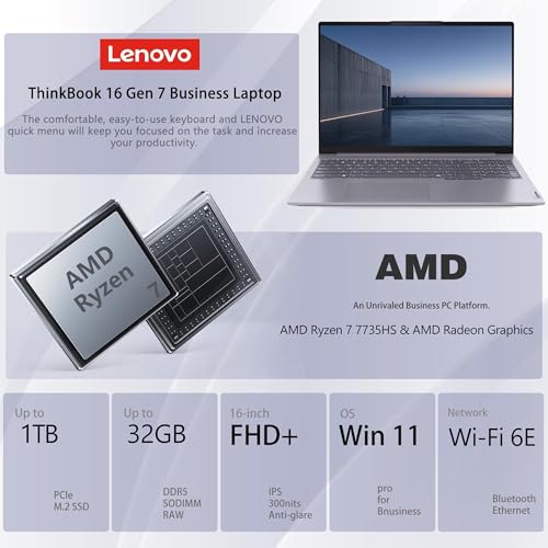 Image of Lenovo ThinkBook 16 Gen 7 Business Laptop, 16 inch FHD+, AMD Ryzen 7 7735HS, 32GB DDR5, 1TB SSD, Wi-Fi 6E, HDMI, Fingerprint, HD Webcam with Privacy Shutter, Windows 11 Pro