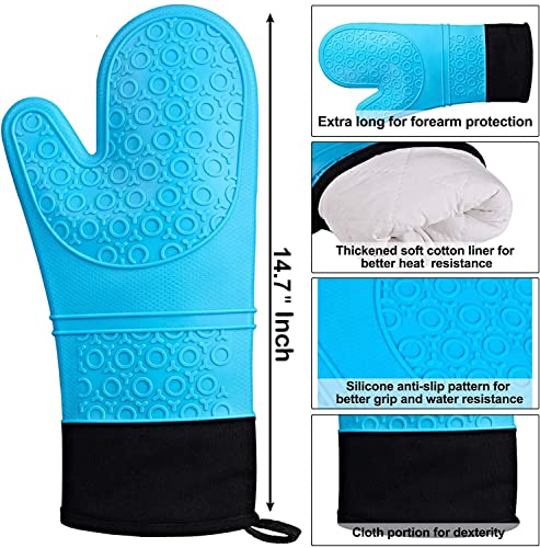 Image of THW Professional Large Silicone Oven Gloves Heat Proof,Kitchen Oven Mittens for Baking Heat Resistant Oven Mitts Cotton Quilted Silicone Gloves for Oven, Microwave