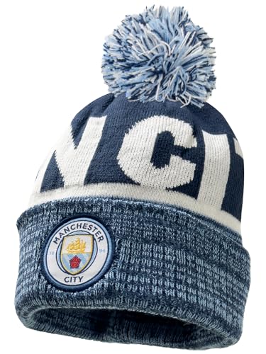 Fan Ink Kid's Manchester City Beanie, Licensed Man City Pom Pom Knit Skull Winter Hat Blue