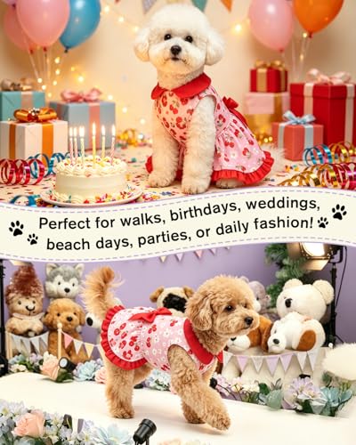Image of CuteBone Cute Cherry & Daisy Pet Dress with Peter Pan Collar - Pink Sweet Pattern - Sleeveless Ruffled Skirt with Bow for Small Dogs, Cats - Summer & Daily Wear
