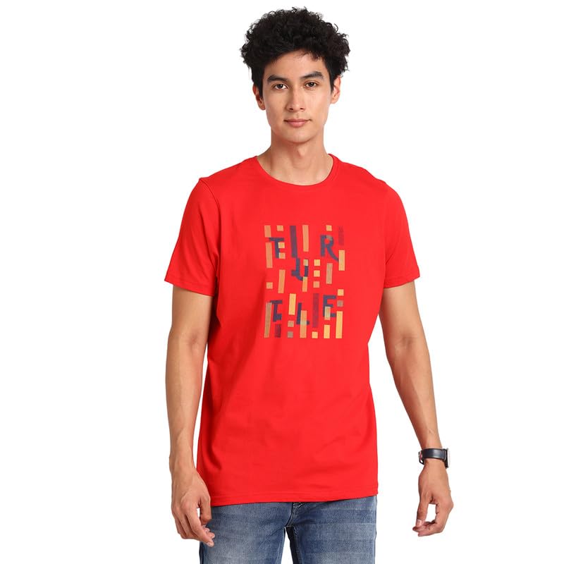 Image of Turtle Men Essential 100% Cotton Red Chest Printed Round Neck Half Sleeve Casual T-Shirt || Pure Cotton T-Shirt|| Slim Fit t-Shirt