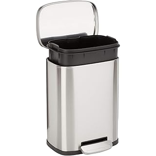 Amazon Basics Smudge Resistant Mini Rectangular Trash Can With Soft-Close Foot Pedal, Brushed Stainless Steel, for Bathroom & small space, 5L/1.32 Gal, 7.3x8.5x11.8 in, Satin Nickel Finish