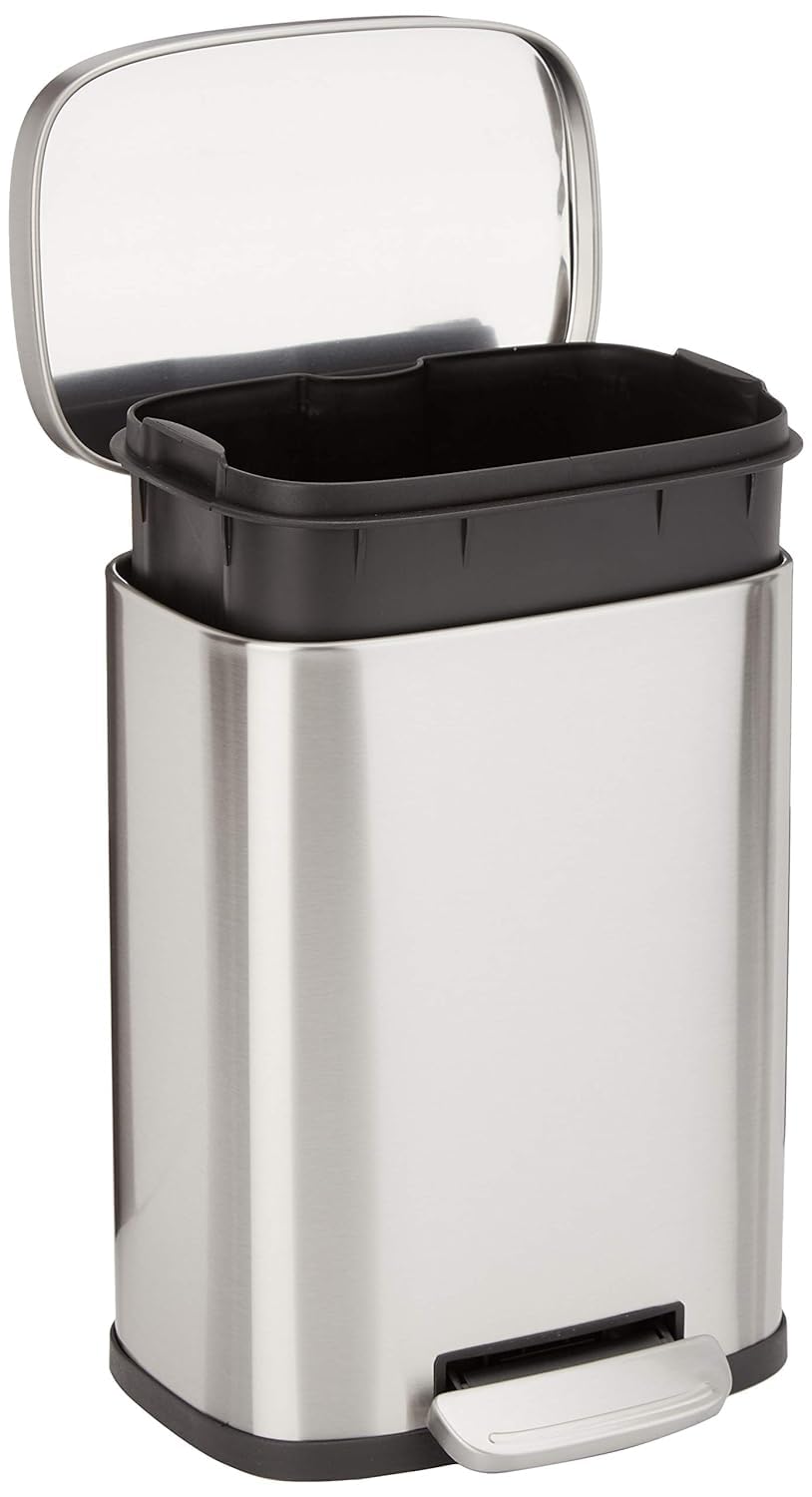 Amazon Basics Smudge Resistant Rectangular Trash Can With Soft-Close Foot Pedal, Brushed Stainless Steel, for Bathroom & small space, 5 L /1.32 Gal, Satin Nickel Finish, 7.3x8.5 x11.8 in (LxWxH)Amazon Basics Smudge Resistant Rectangular Tra…