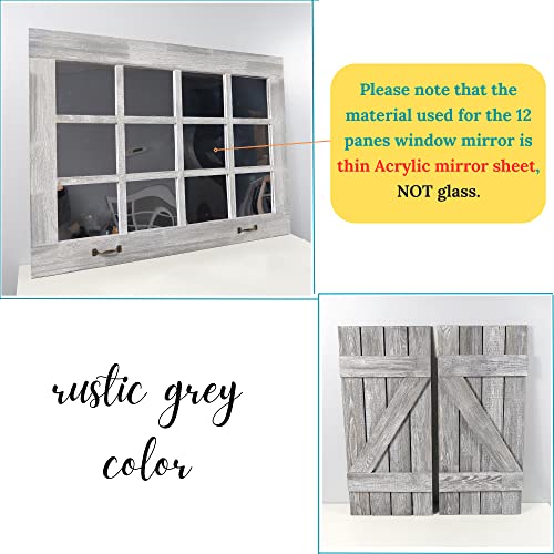 Window Mirror Shutters Wall Decor, Distressed Wood Windowpane Mirror, Decorative Wall Mirror Farmhouse Decor Living Room, Rustic Home Decor For Walls Accent 1 Window Mirror, 2 Shutters,Rustic Grey #TOP1