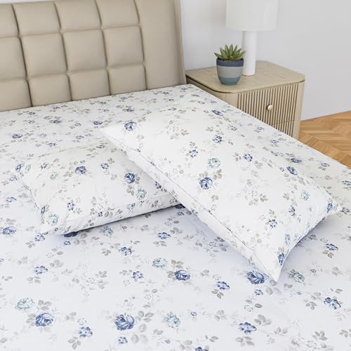 Image of LINENWALAS 100% Cotton Fitted Bed Sheet for King Size Bed, Printed All Around Elastic Bedsheet (72 x 78 Inches) with 2 Pillow Covers | 210 TC Soft, Breathable, Luxury Bedsheet (Blue Sapphire)